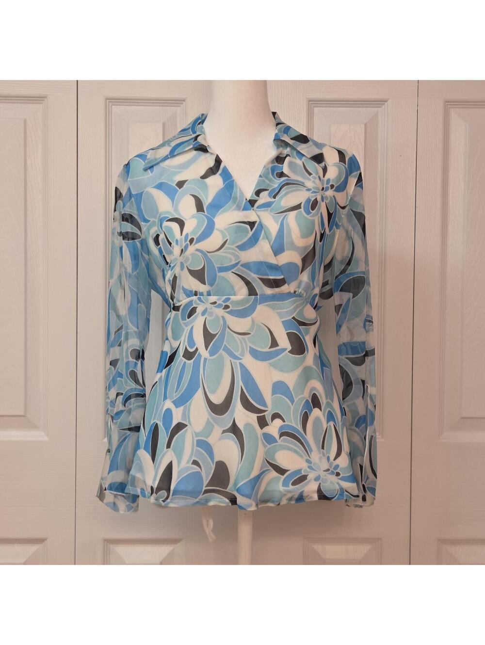 Vintage Y2K Blue Silk Abstract Floral Tie Back Top M Retro 70s Babydoll Blouse